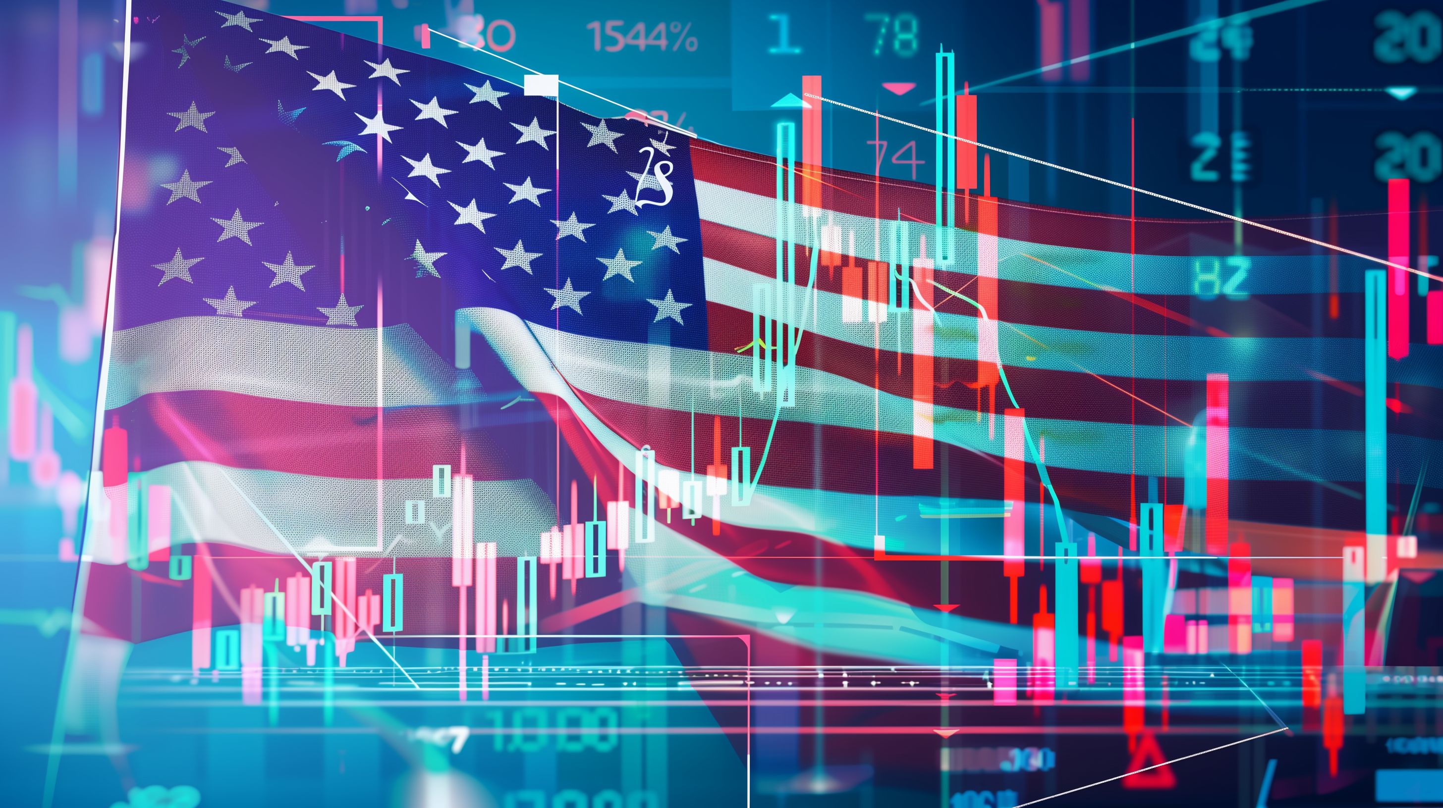 USA-Flagge mit Börsencharts im Hintergrund